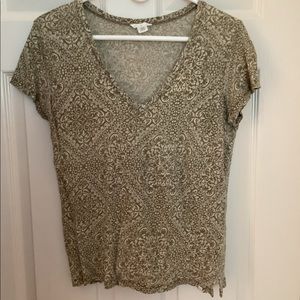 Caslon V-Neck Linen Ladies Tee, Olive/Khaki Print, Medium